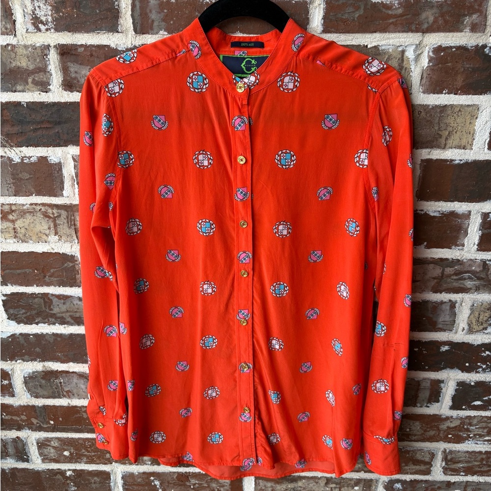 C. Wonder 100% Silk Orange Red Crest Blouse Size Small - Picture 11 of 11
